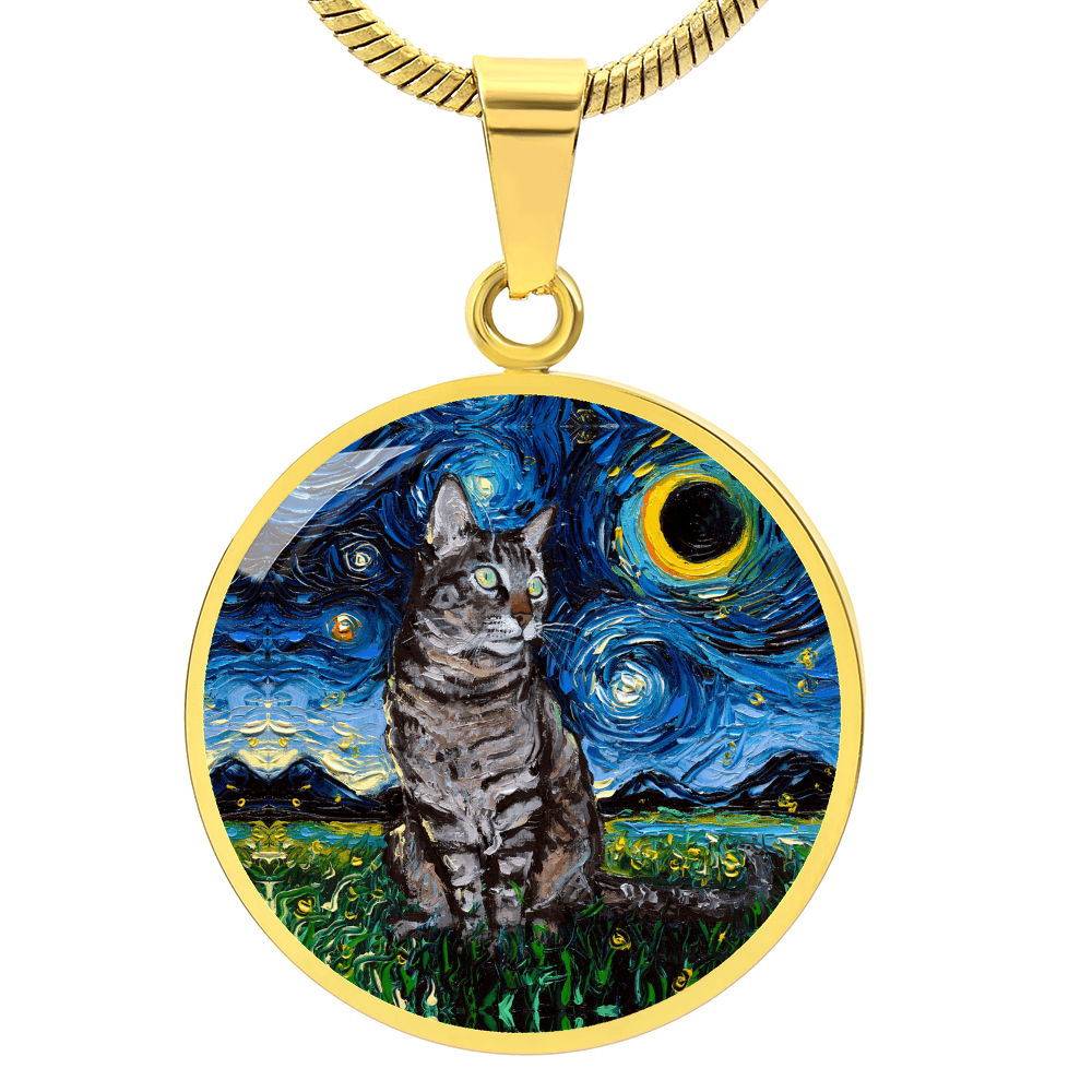 Tabby Cat Starry Night Round Necklace