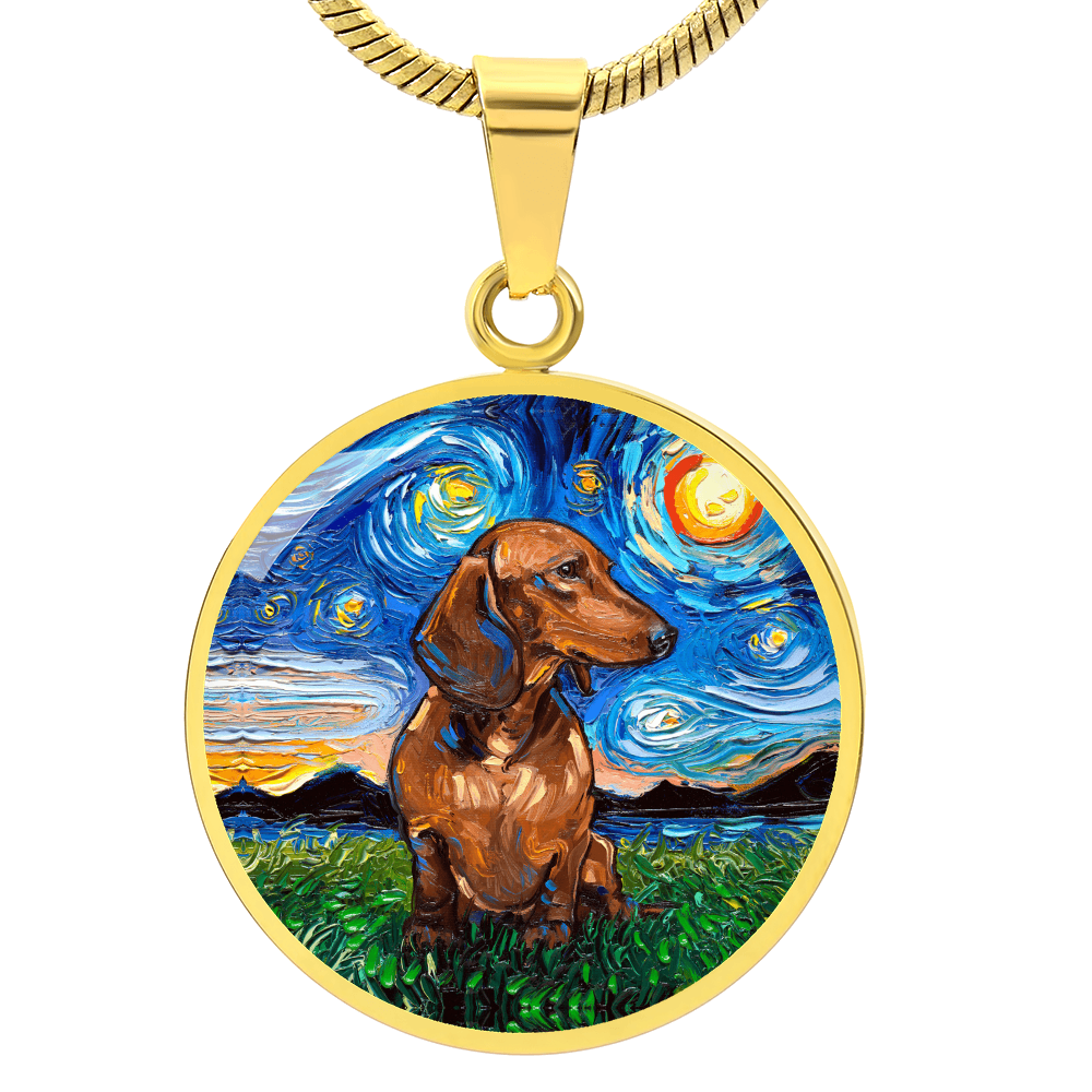 Brown Dachshund Starry Night Round Necklace