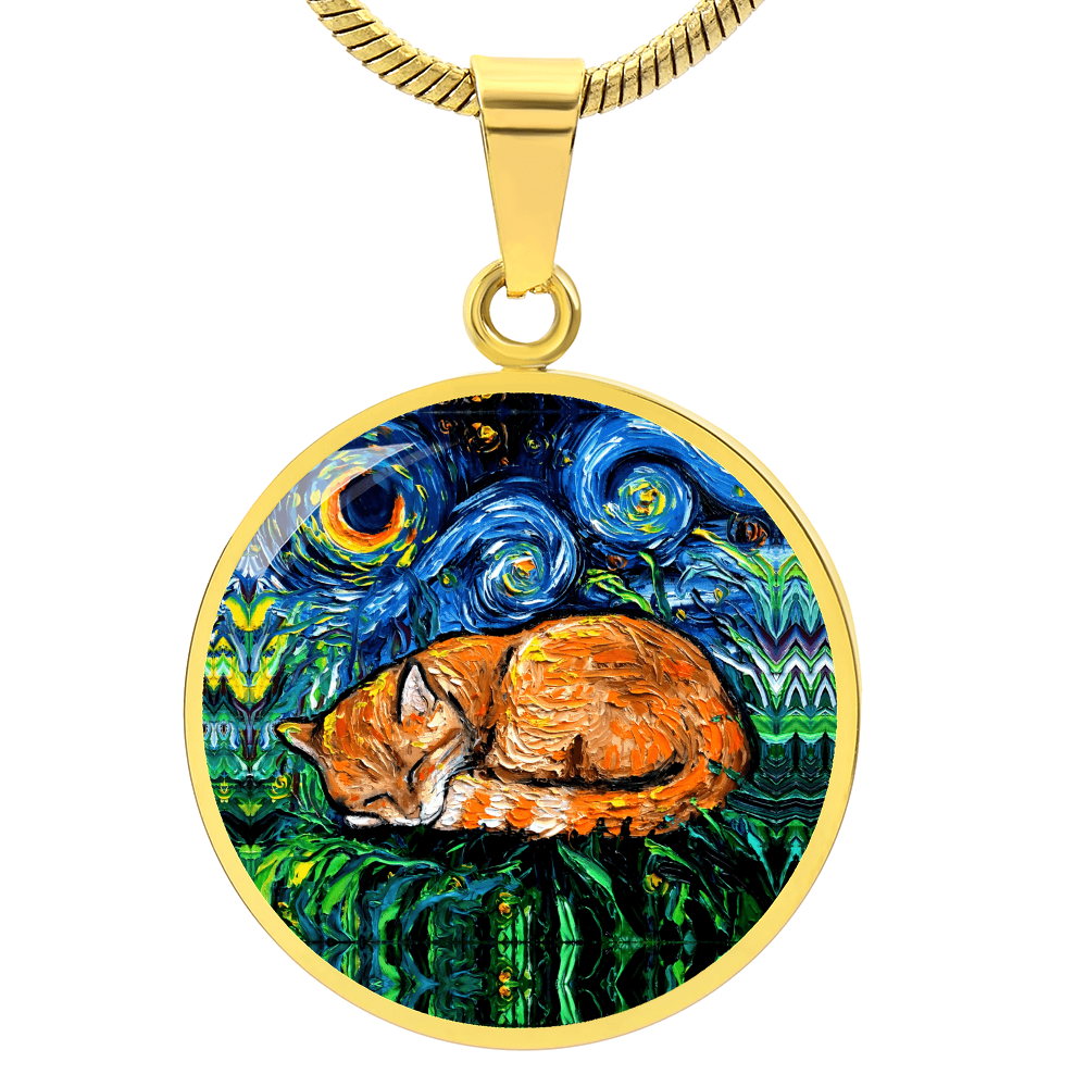 Sleeping Orange Tabby Cat Starry Night Round Necklace