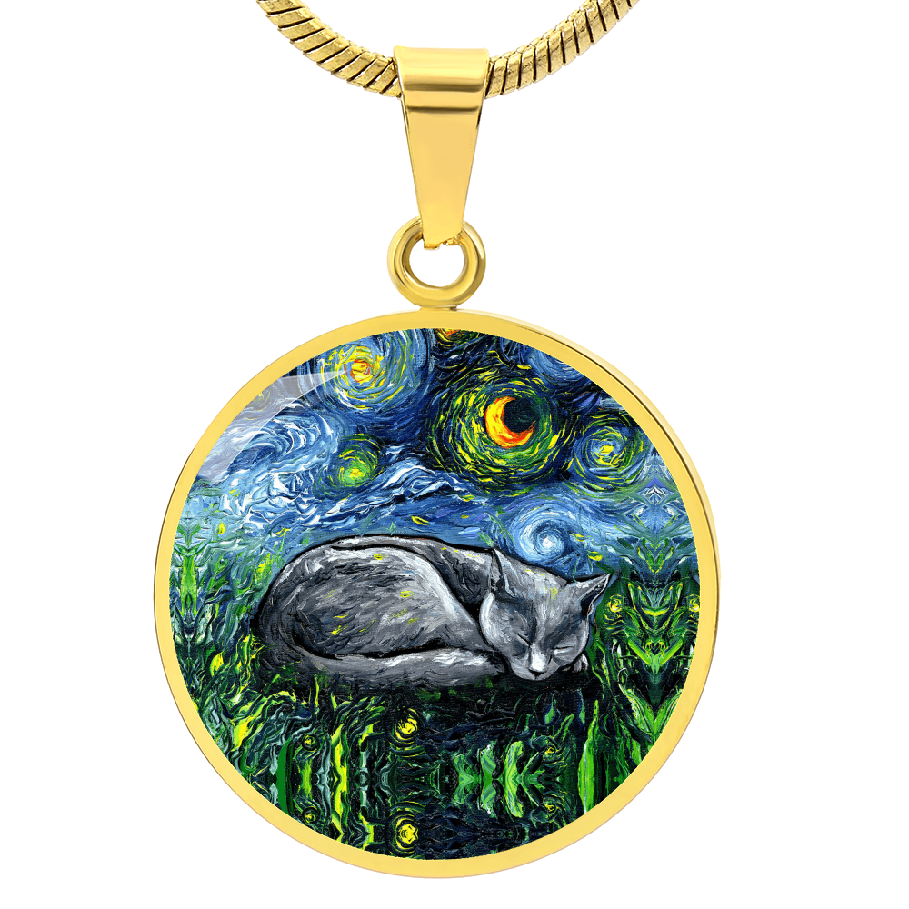 Sleeping Russian Blue Cat Starry Night Round Necklace
