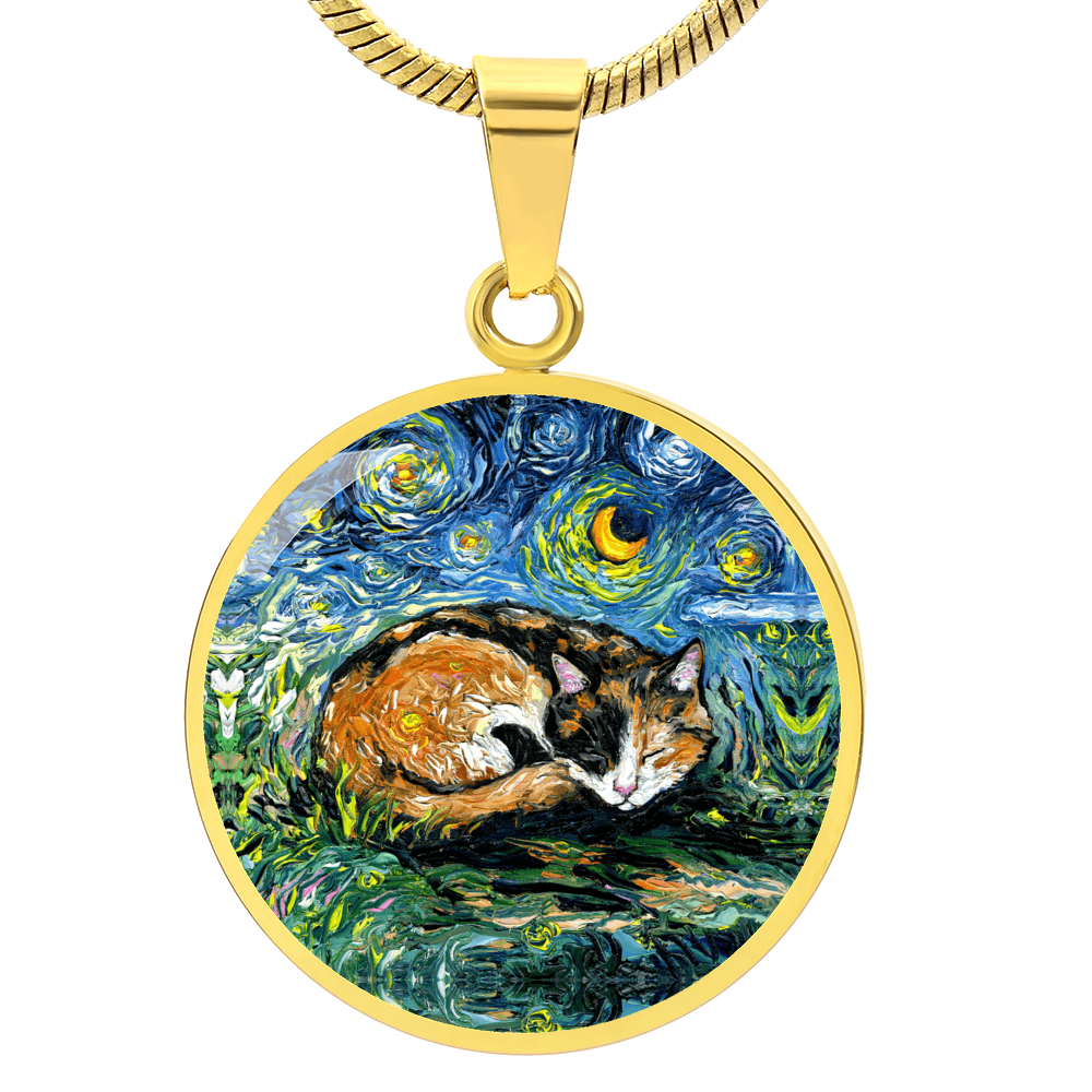 Sleeping Calico Cat Starry Night Round Necklace
