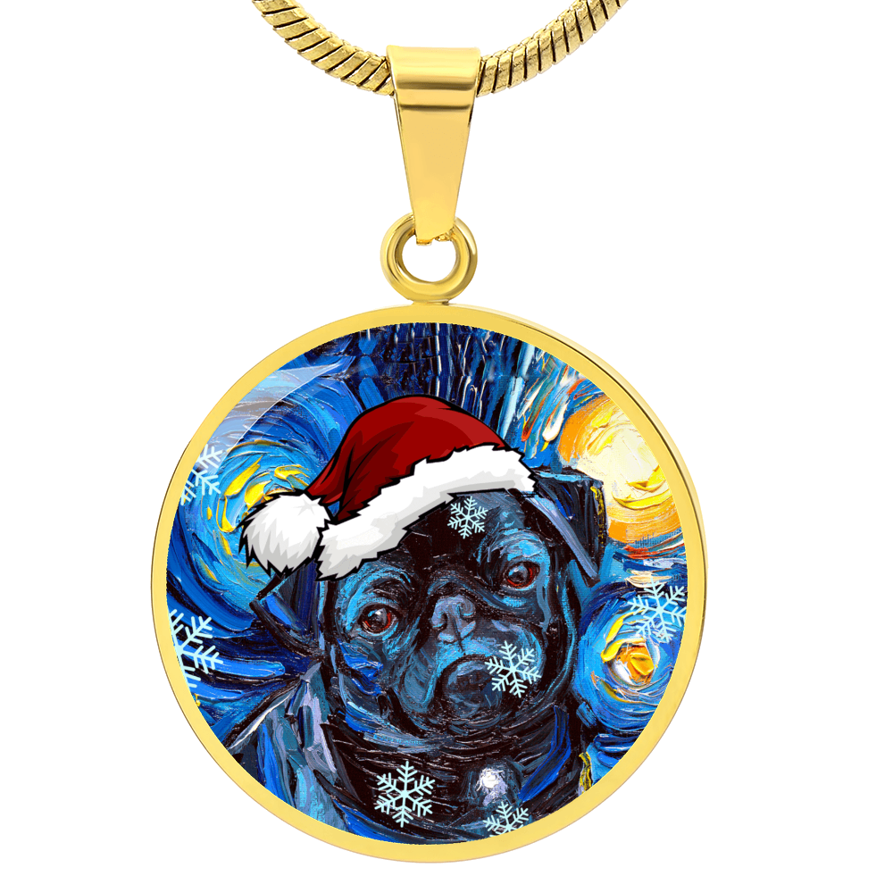 Santa Black Pug Starry Night Round Necklace