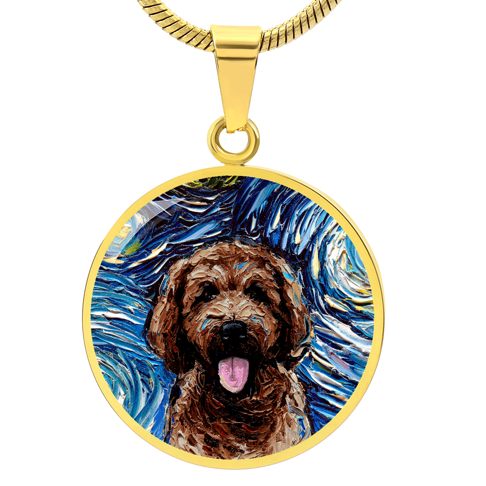 Chocolate Goldendoodle Starry Night Round Necklace