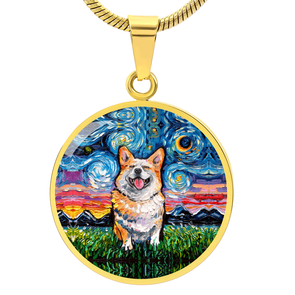 Smiling Corgi Starry Night Round Necklace