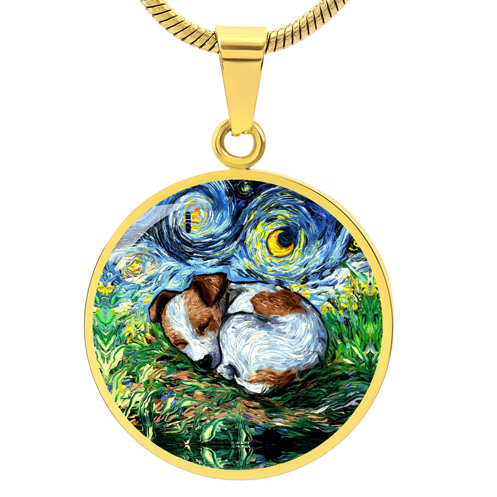 Sleeping Jack Russell Terrier Starry Night Round Necklace