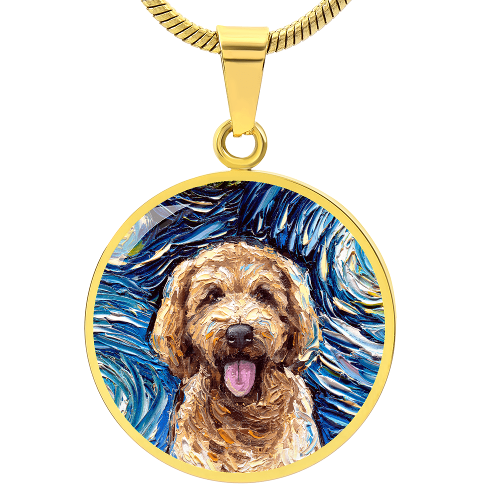 Goldendoodle Portrait Starry Night Round Necklace