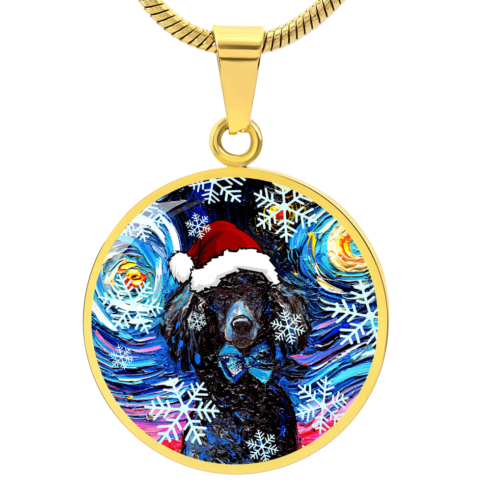 Santa Black Poodle Starry Night Round Necklace