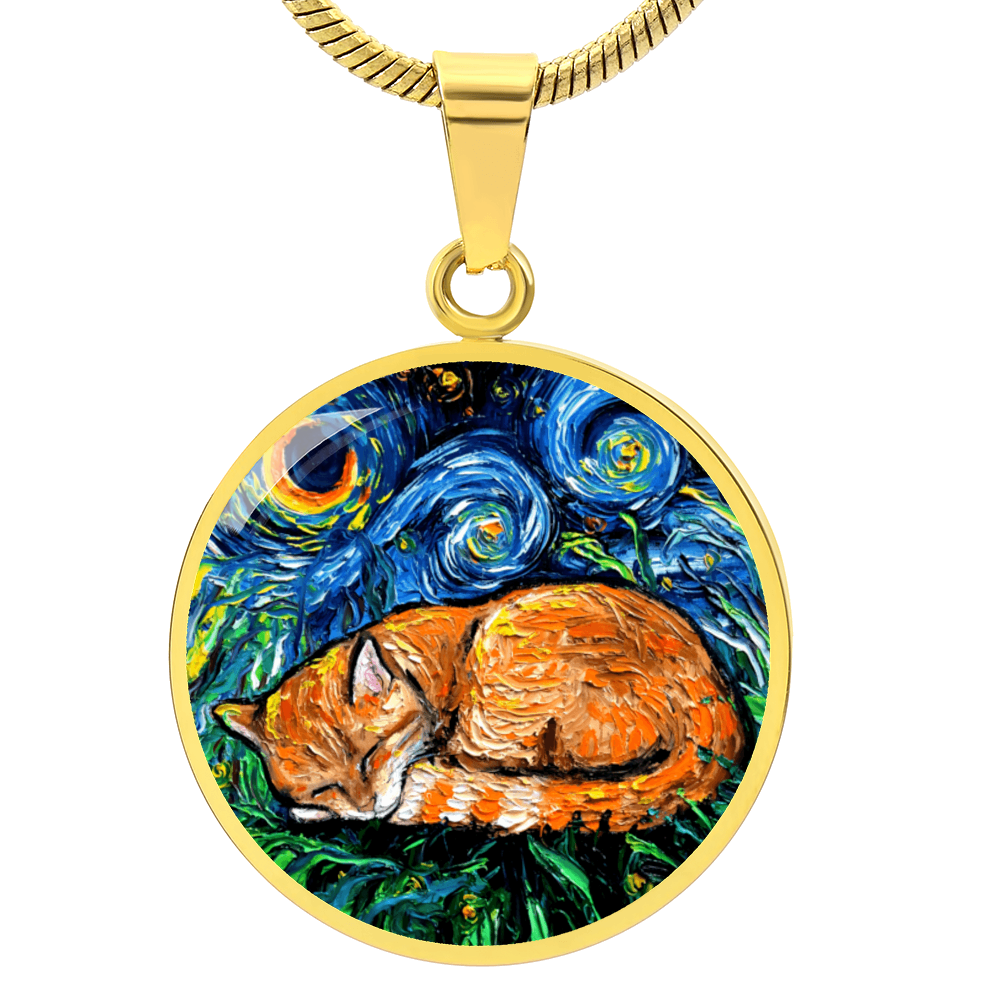 Sleeping Orange Tabby Cat Starry Night Round Necklace