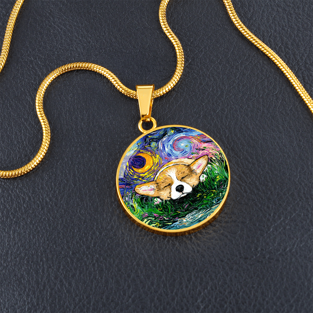 Sleeping Corgi Starry Night Round Necklace