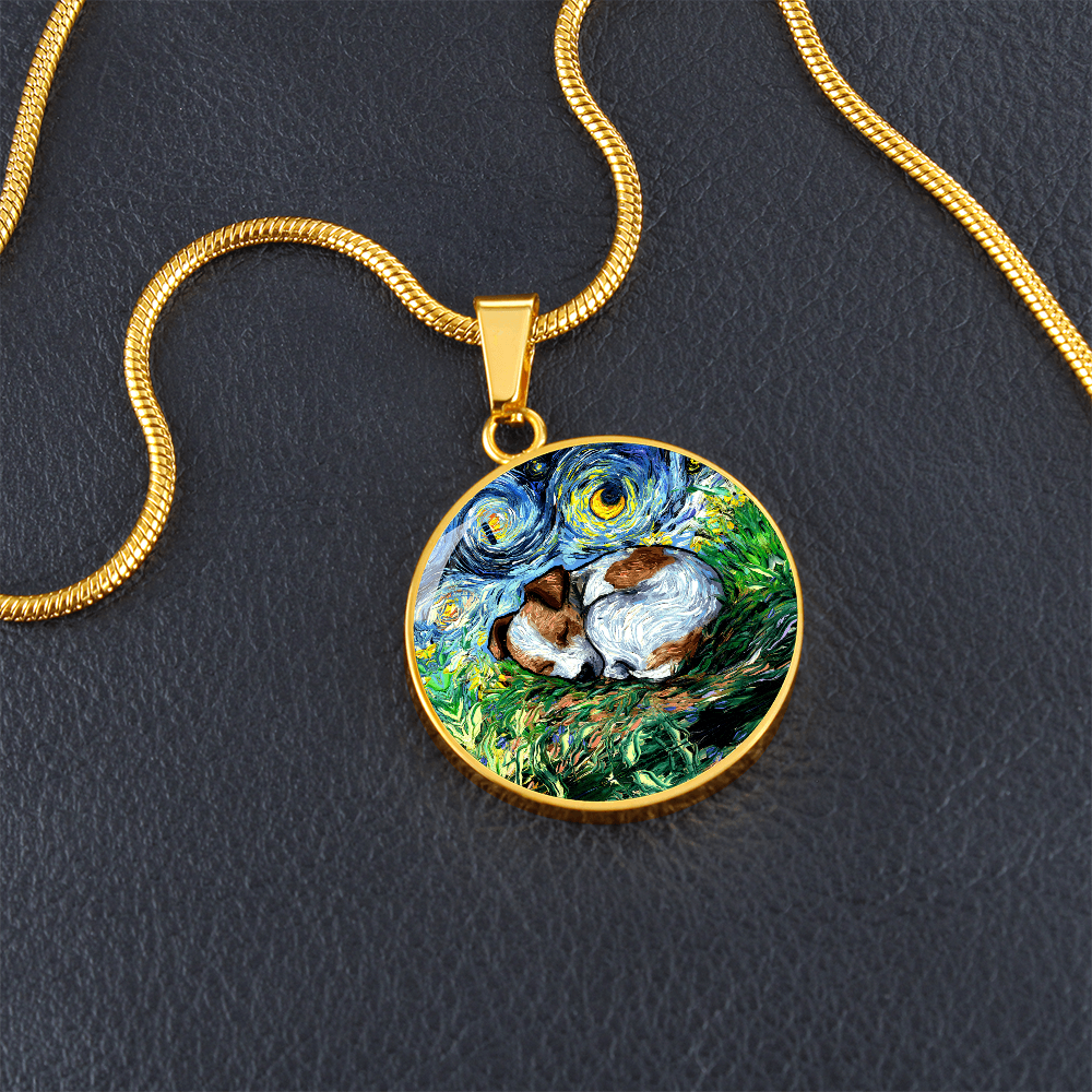 Sleeping Jack Russell Terrier Starry Night Round Necklace