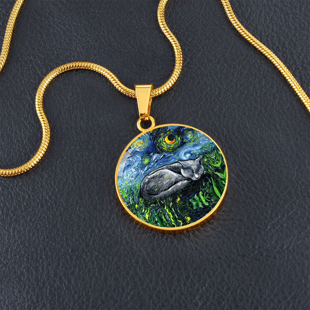 Sleeping Russian Blue Cat Starry Night Round Necklace