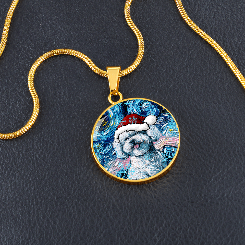 Bichon Frise In Santa Hat Starry Night Round Necklace