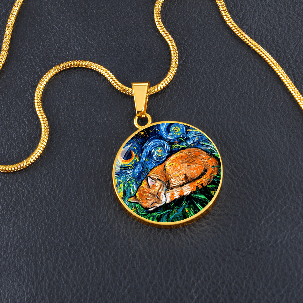Sleeping Orange Tabby Cat Starry Night Round Necklace