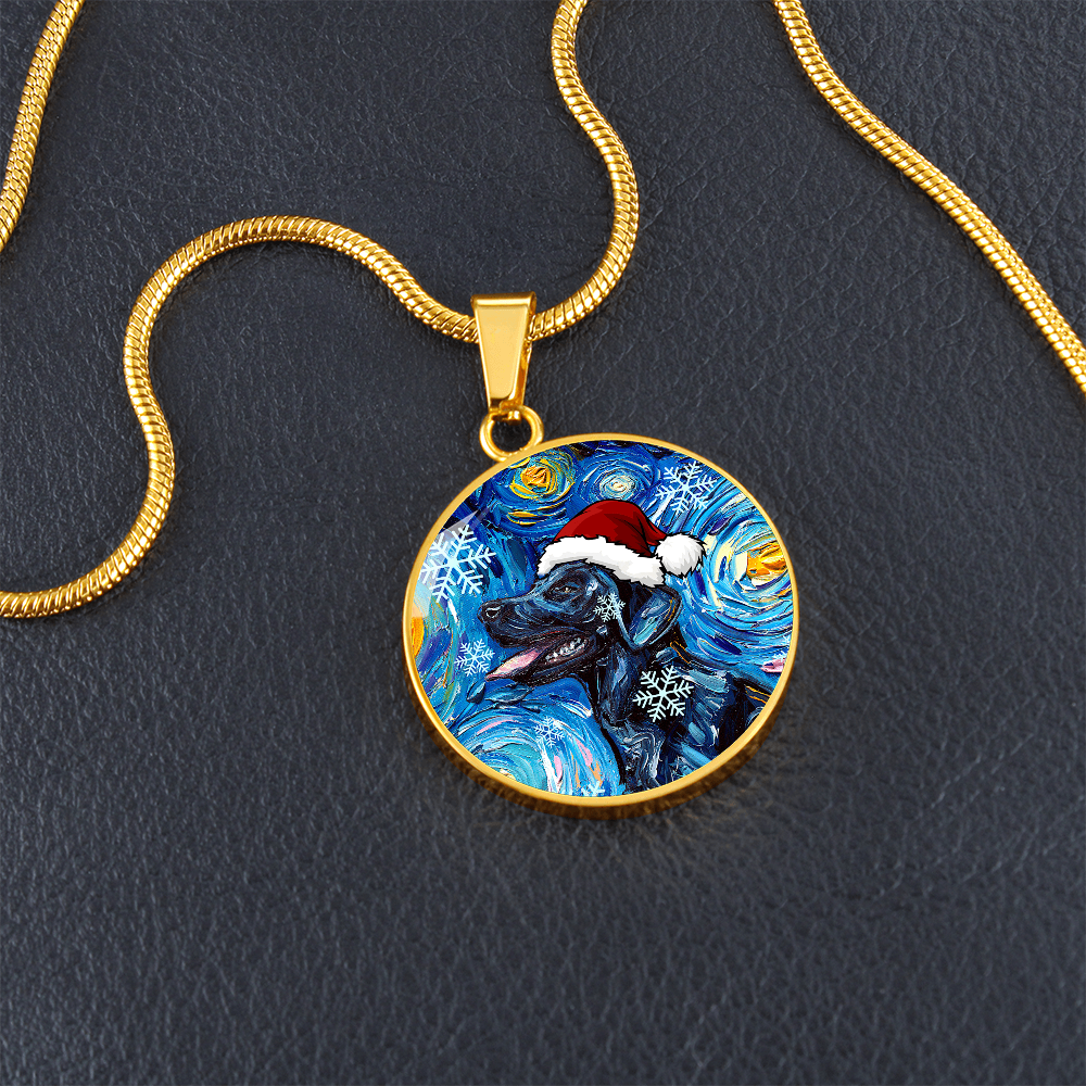 Santa Black Labrador Starry Night Round Necklace