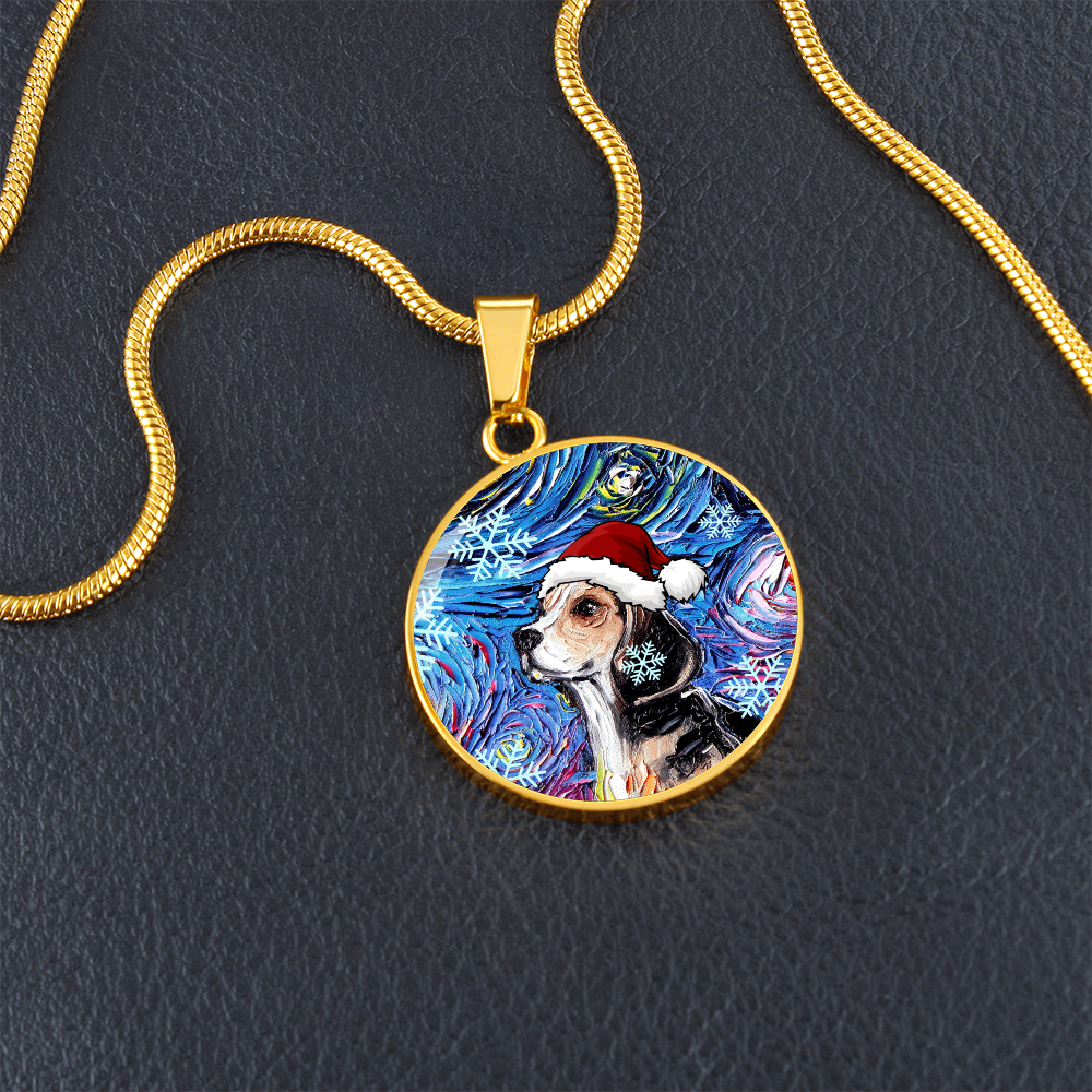 Beagle In Santa Hat Starry Night Round Necklace