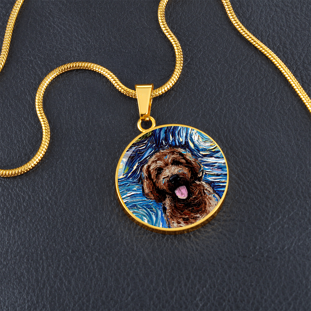 Chocolate Goldendoodle Starry Night Round Necklace