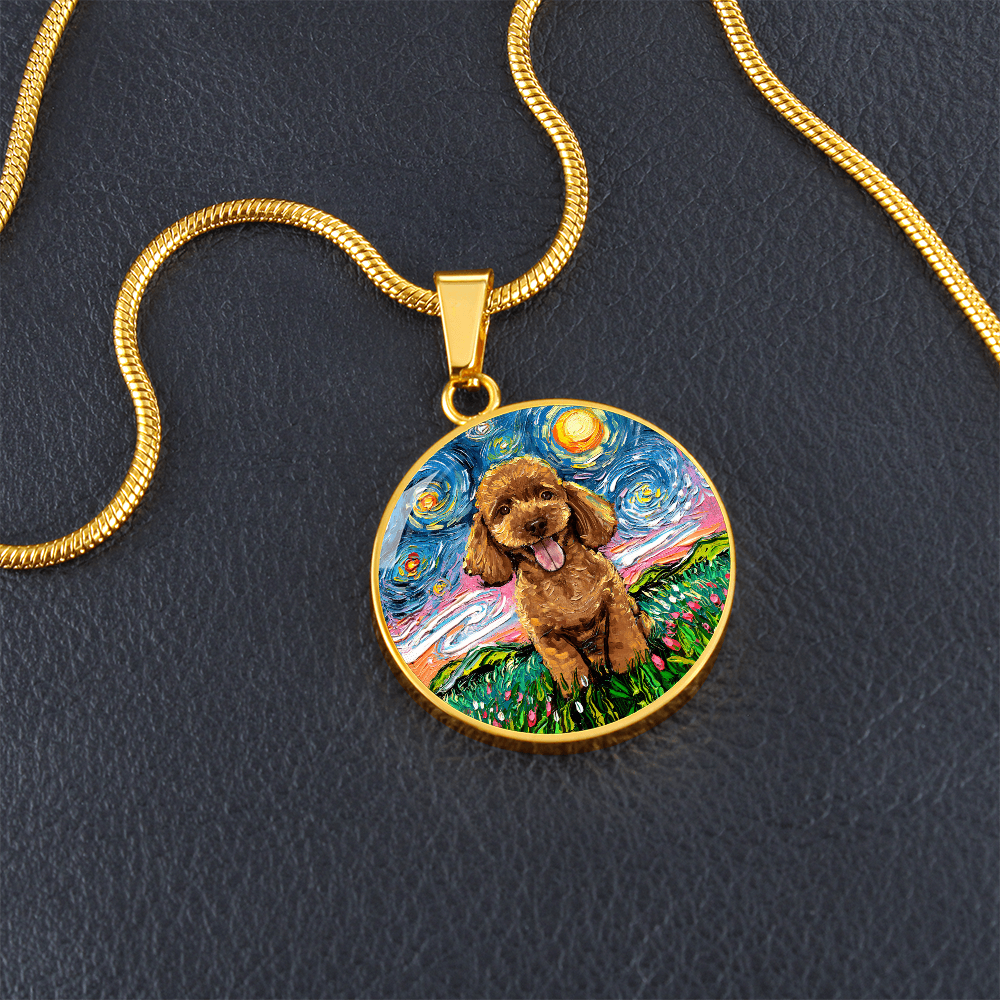 Apricot Poodle Puppy Starry Night Round Necklace
