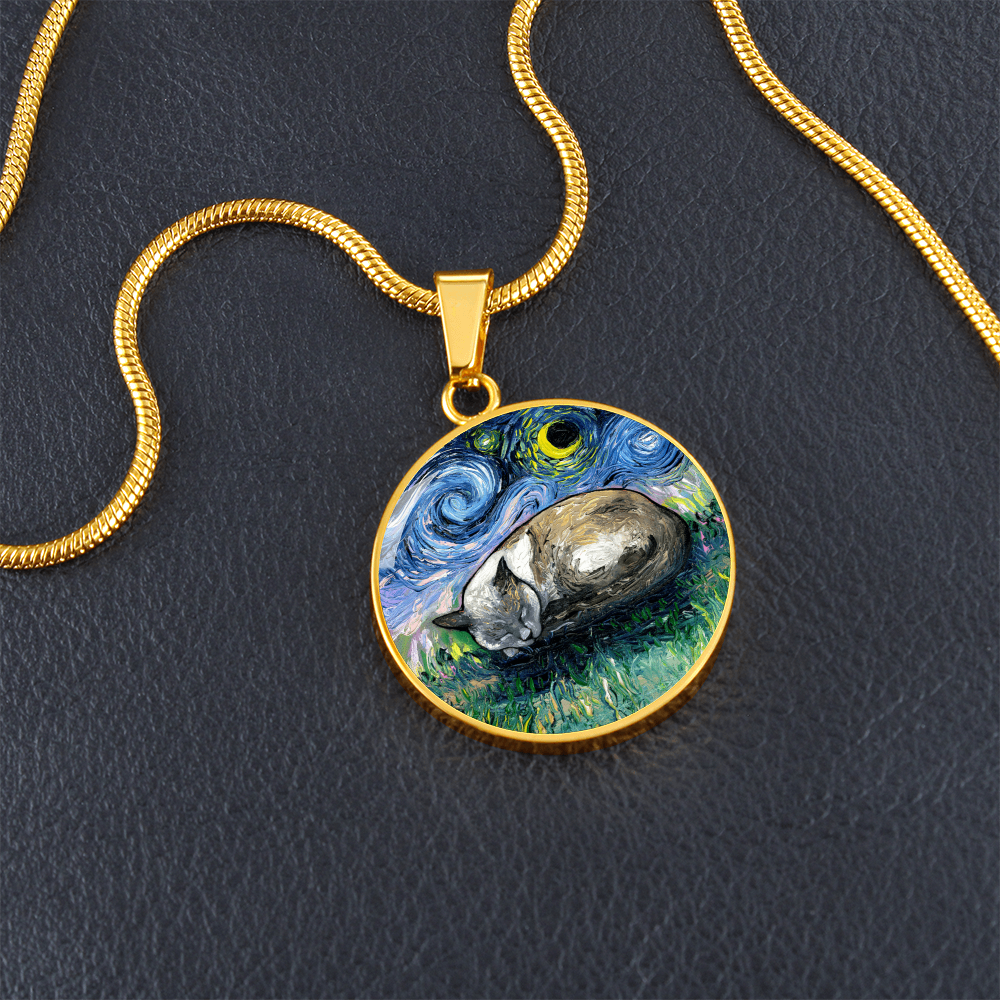 Sleeping Siamese Cat Starry Night Round Necklace