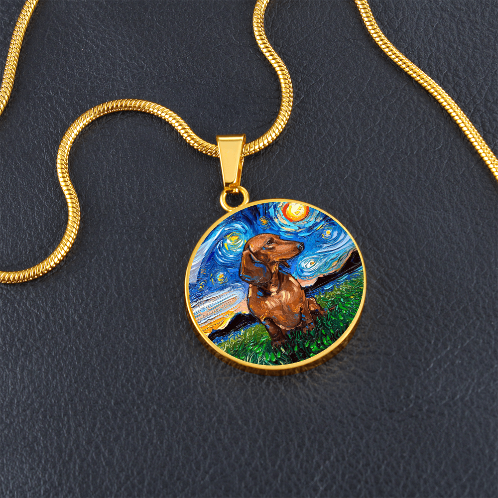 Brown Dachshund Starry Night Round Necklace