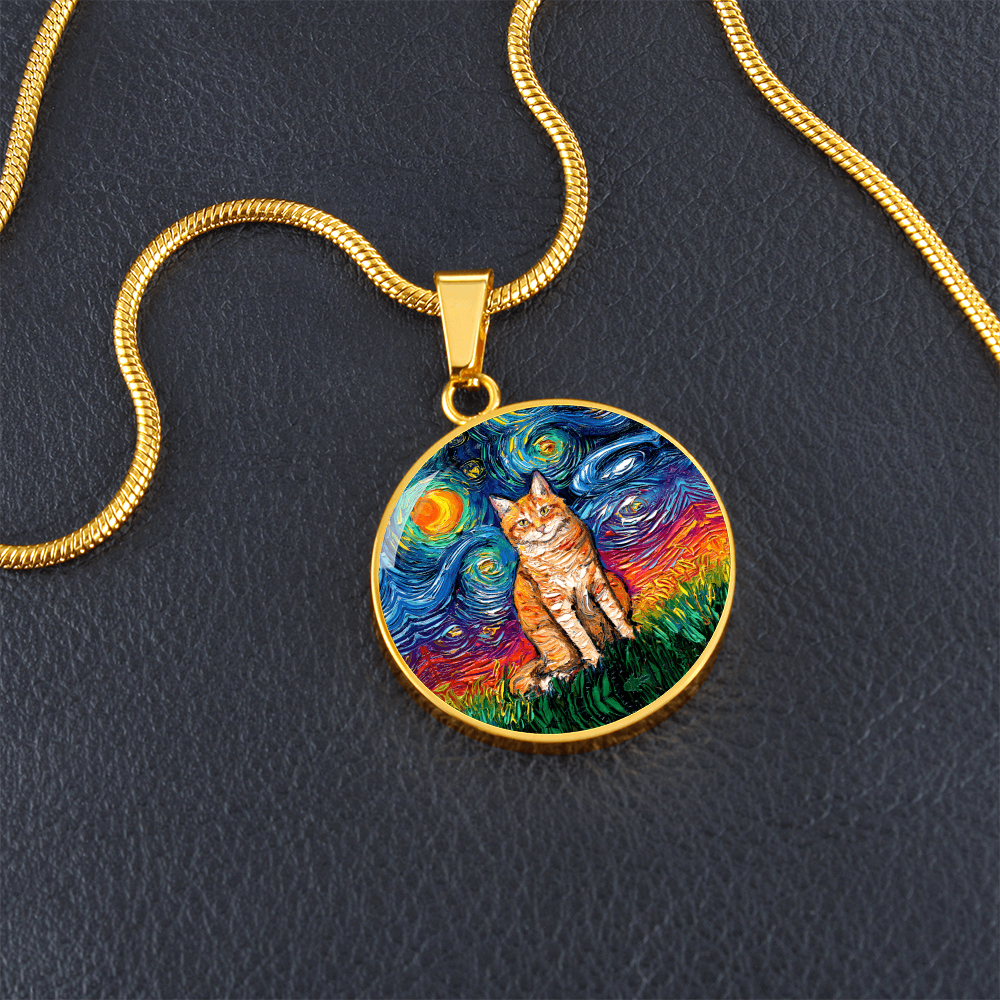 Seated Orange Tabby Cat Starry Night Heart Necklace