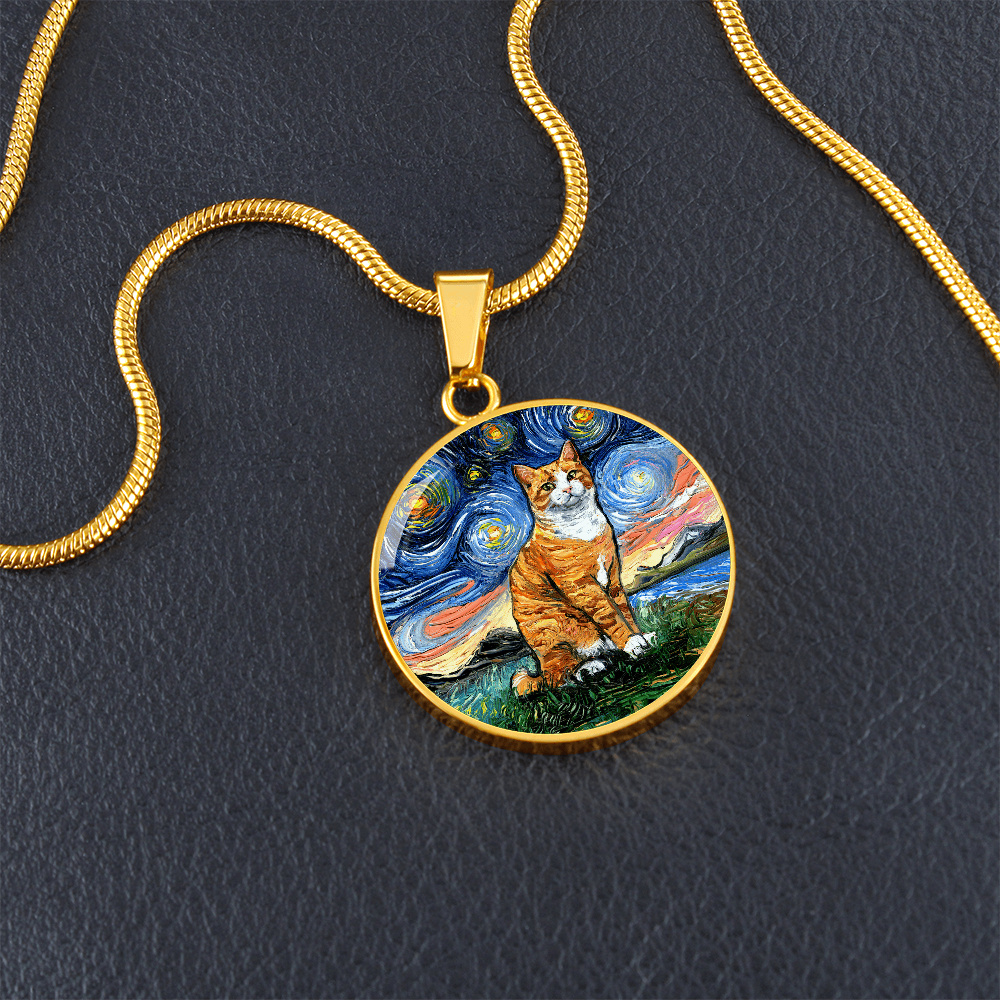 Orange Tuxedo Tabby Starry Night Round Pendant