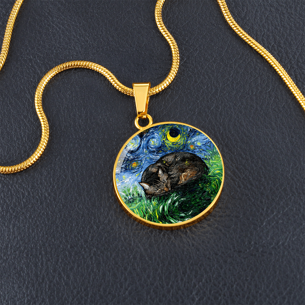 Sleeping Brown Tabby Starry Night Round Necklace