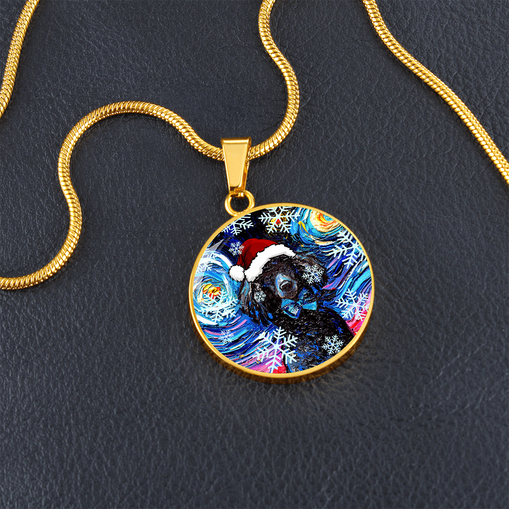 Santa Black Poodle Starry Night Round Necklace