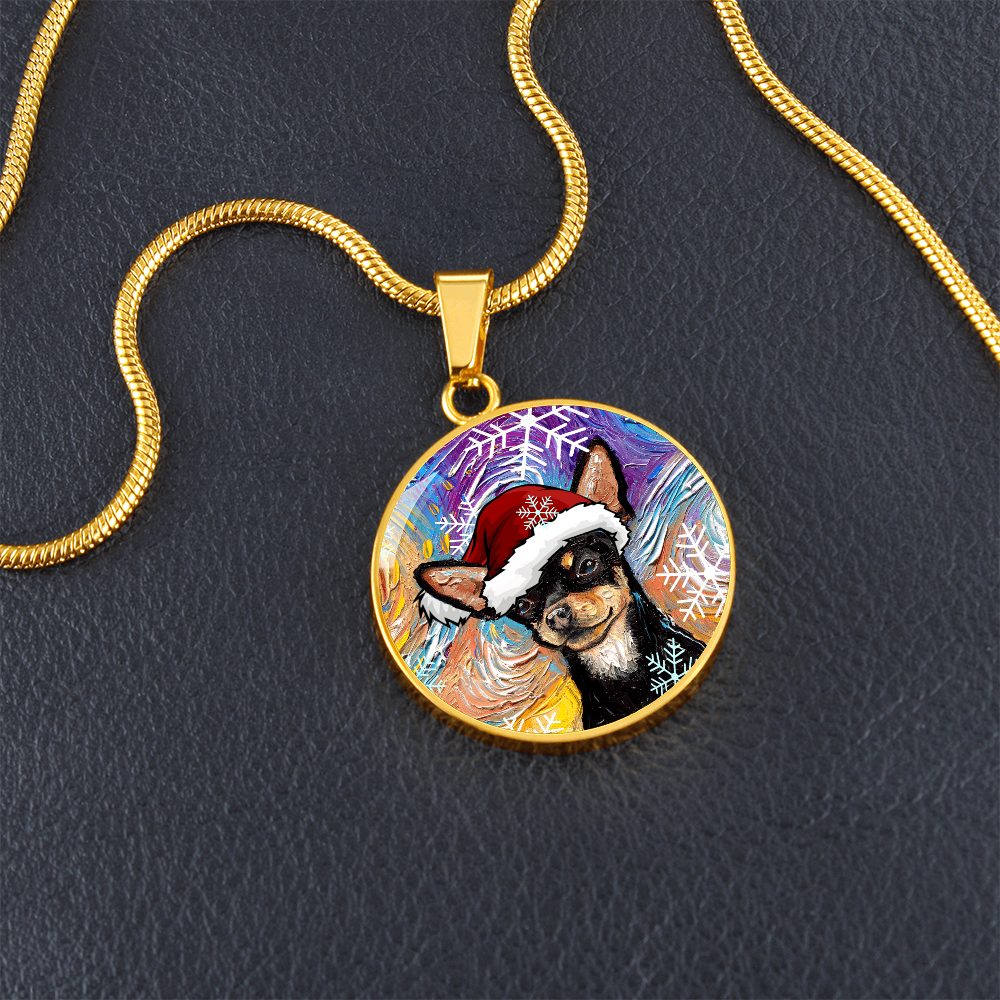 Black and Tan Chihuahua In Santa Hat Starry Night Round Necklace