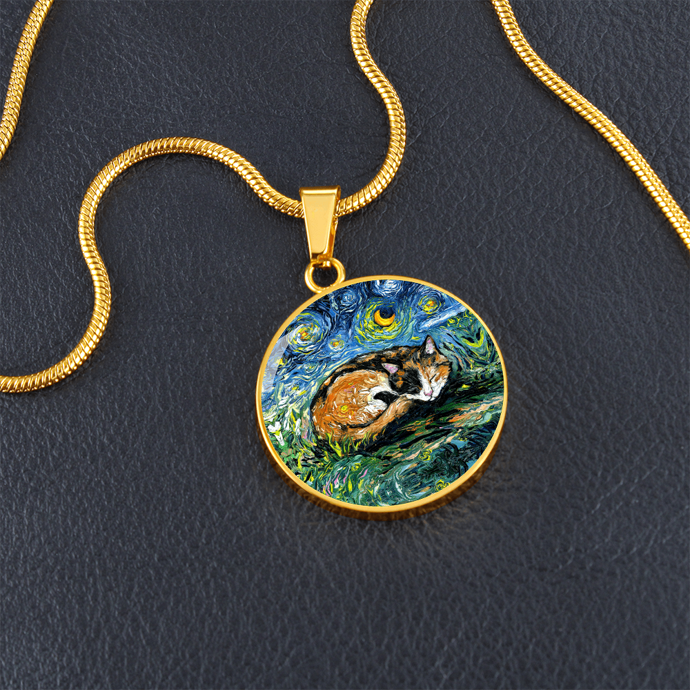 Sleeping Calico Cat Starry Night Round Necklace