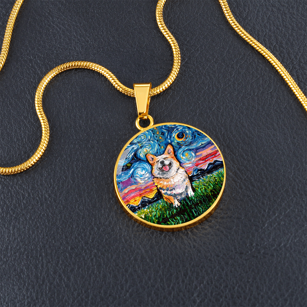 Smiling Corgi Starry Night Round Necklace