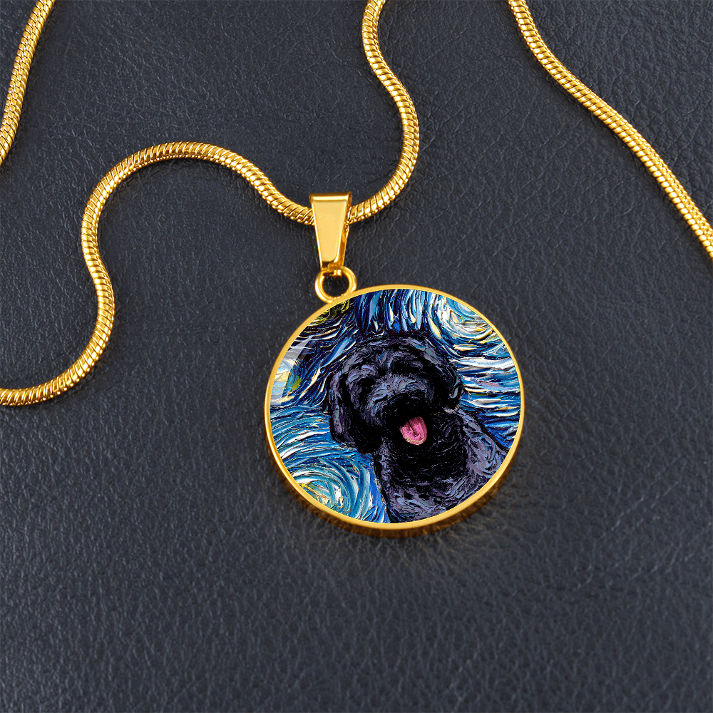 Black Goldendoodle Portrait Starry Night Round Necklace