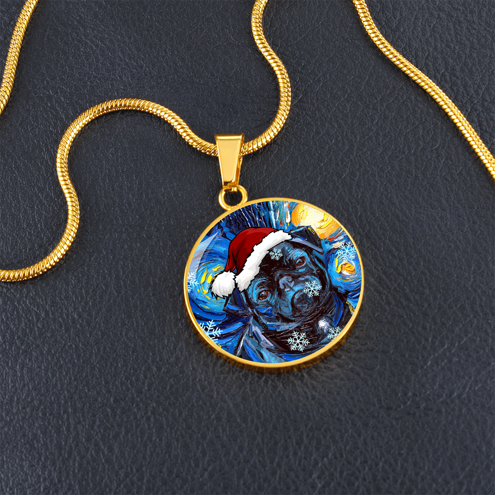 Santa Black Pug Starry Night Round Necklace