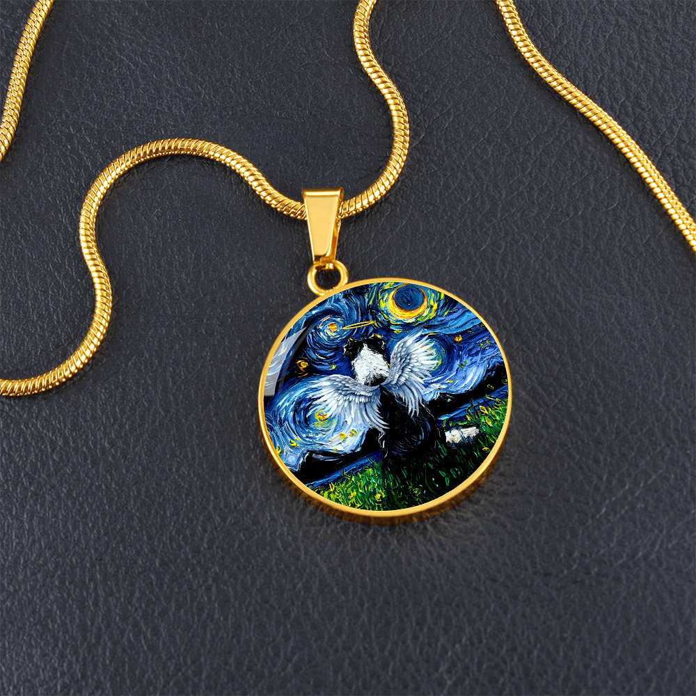 Angel Border Collie Starry Night Round Necklace