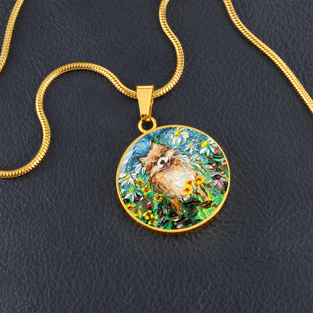 Happy Pomeranian Starry Night Round Necklace