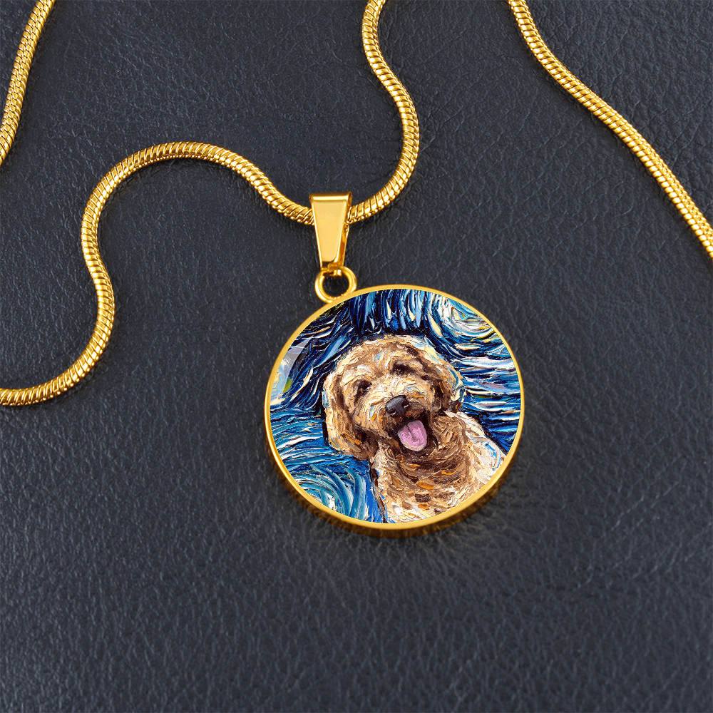 Goldendoodle Portrait Starry Night Round Necklace
