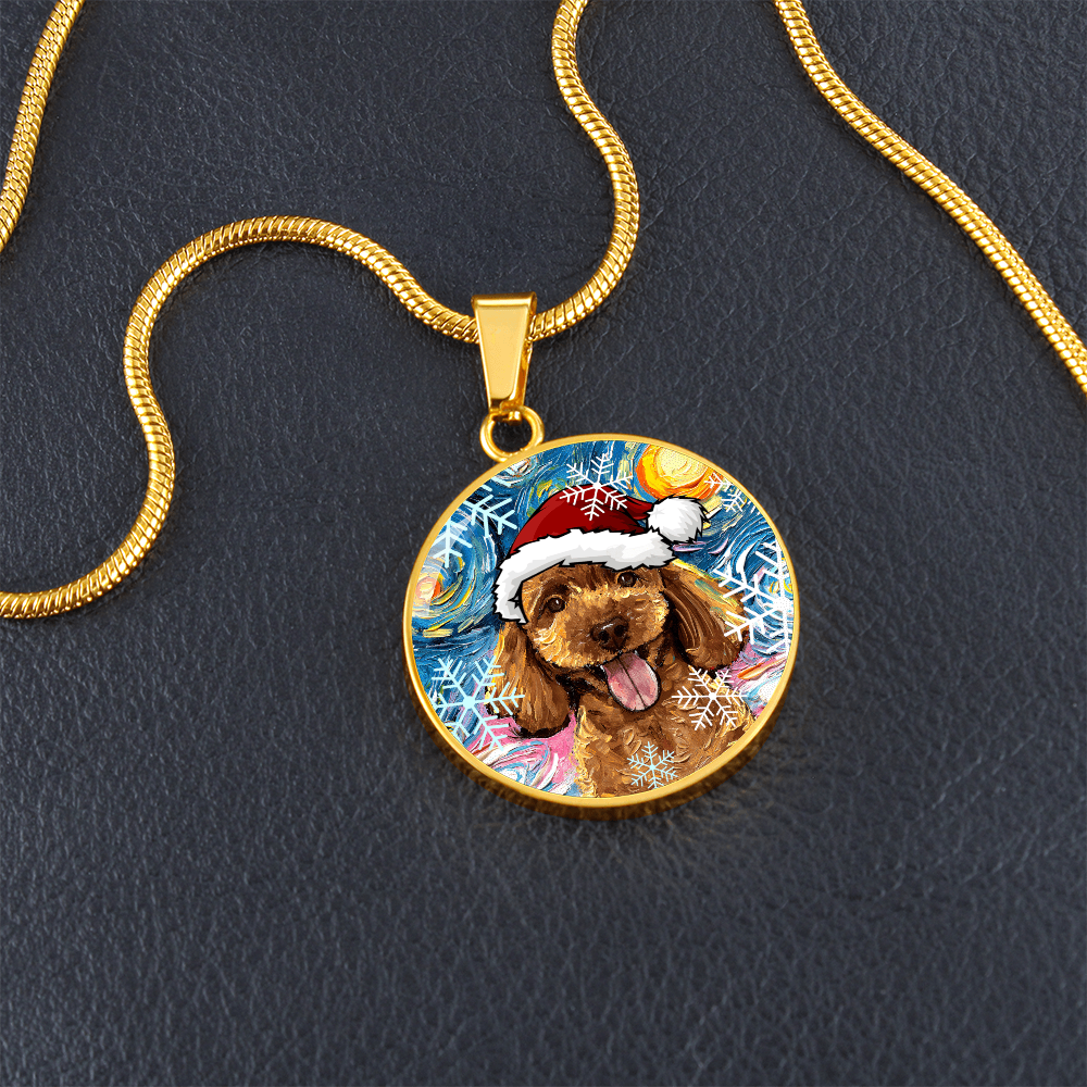 Apricot Poodle In Santa Hat Starry Night Round Necklace