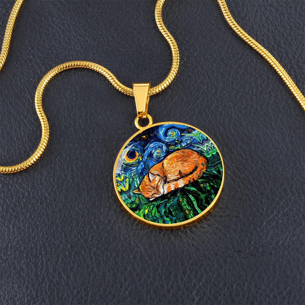 Sleeping Orange Tabby Cat Starry Night Round Necklace