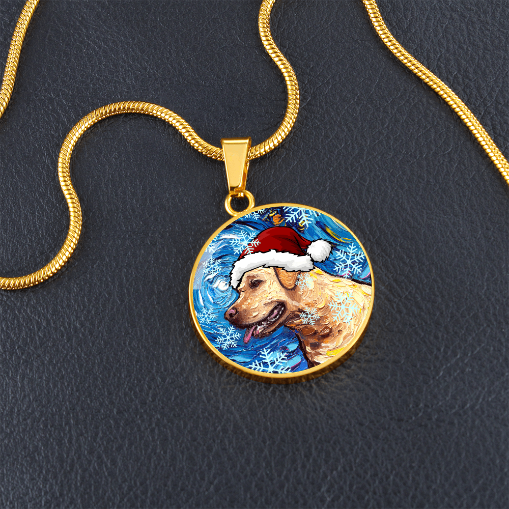Yellow Labrador In Santa Hat Starry Night Round Necklace