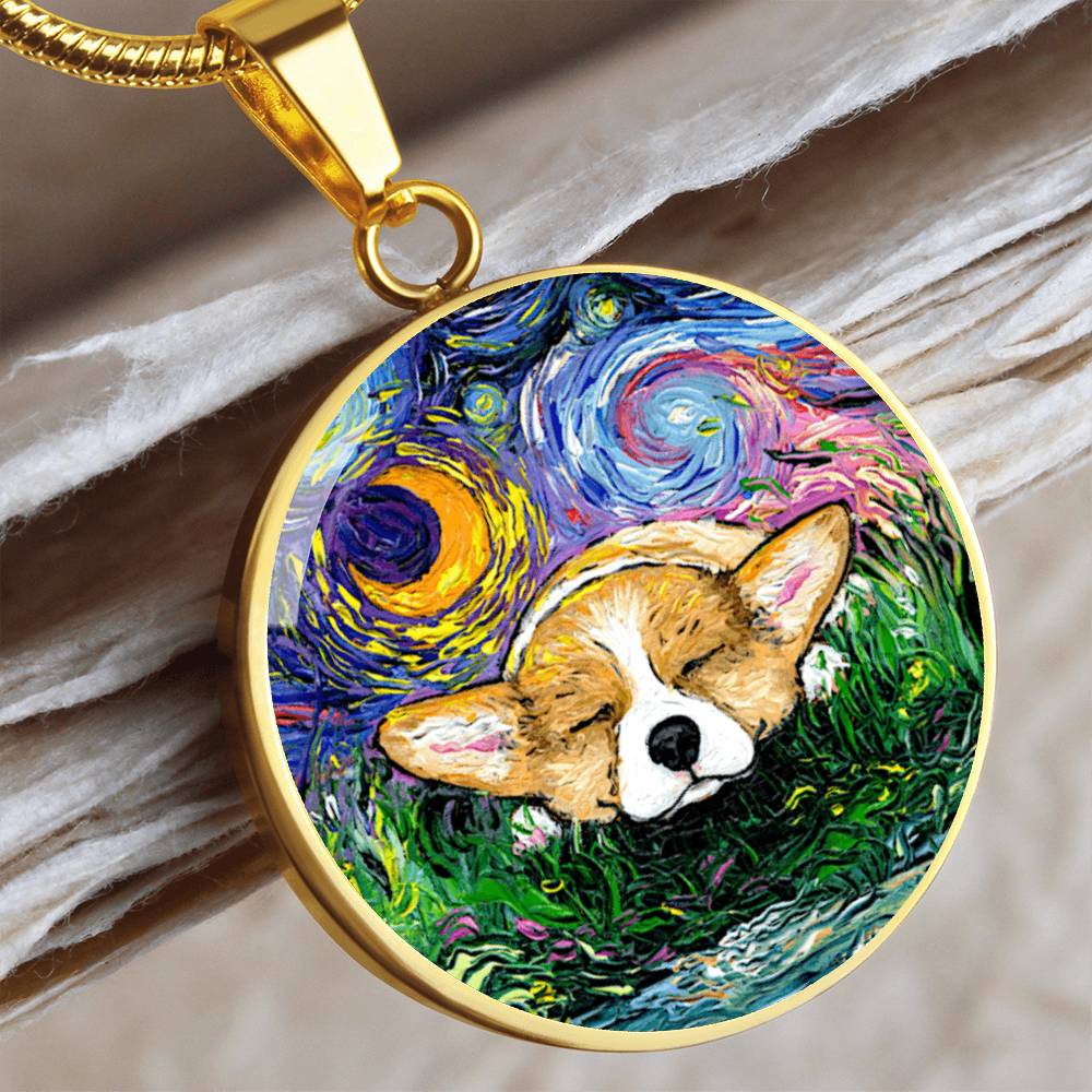 Sleeping Corgi Starry Night Round Necklace