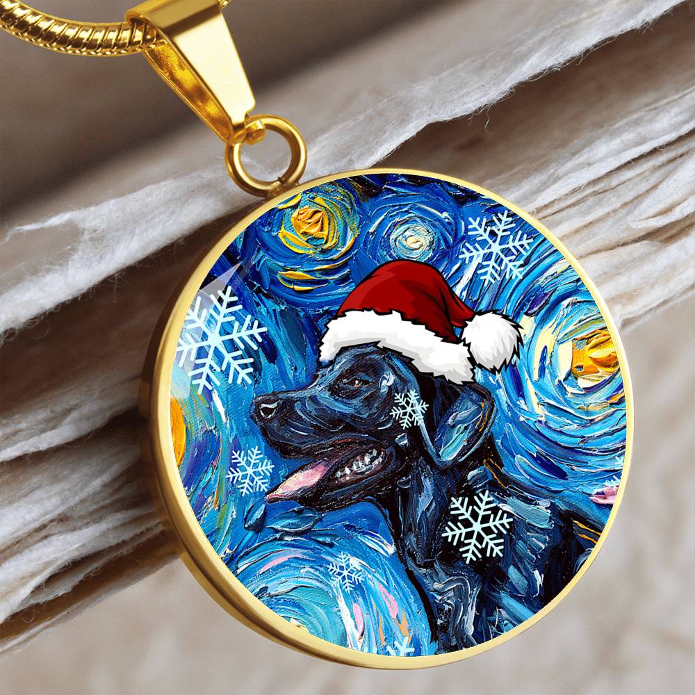 Santa Black Labrador Starry Night Round Necklace