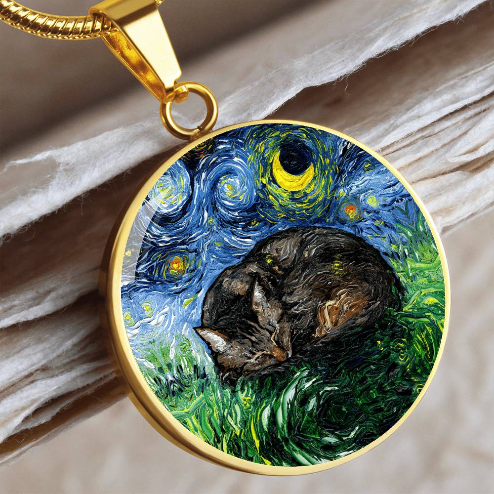 Sleeping Brown Tabby Starry Night Round Necklace