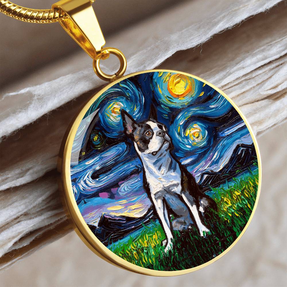 Boston Terrier Starry Night Round Necklace