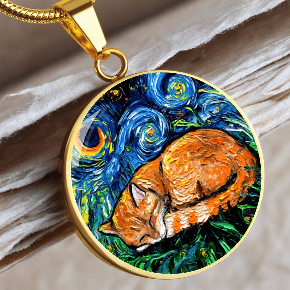 Sleeping Orange Tabby Cat Starry Night Round Necklace