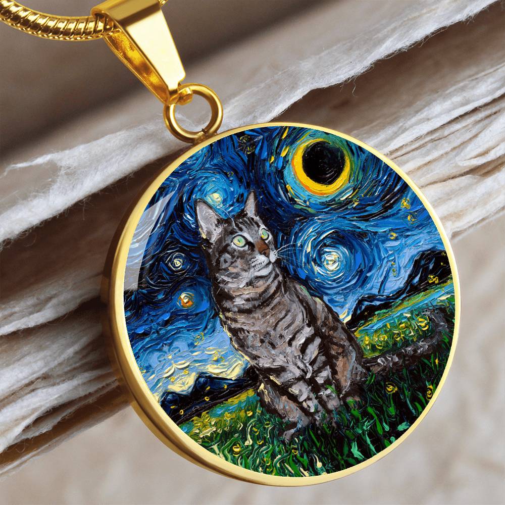 Tabby Cat Starry Night Round Necklace