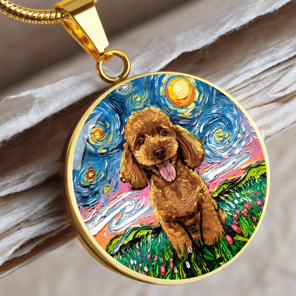 Apricot Poodle Puppy Starry Night Round Necklace