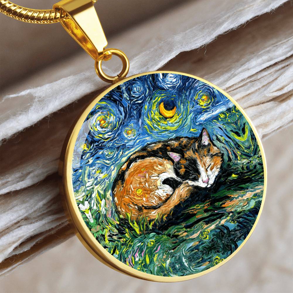 Sleeping Calico Cat Starry Night Round Necklace
