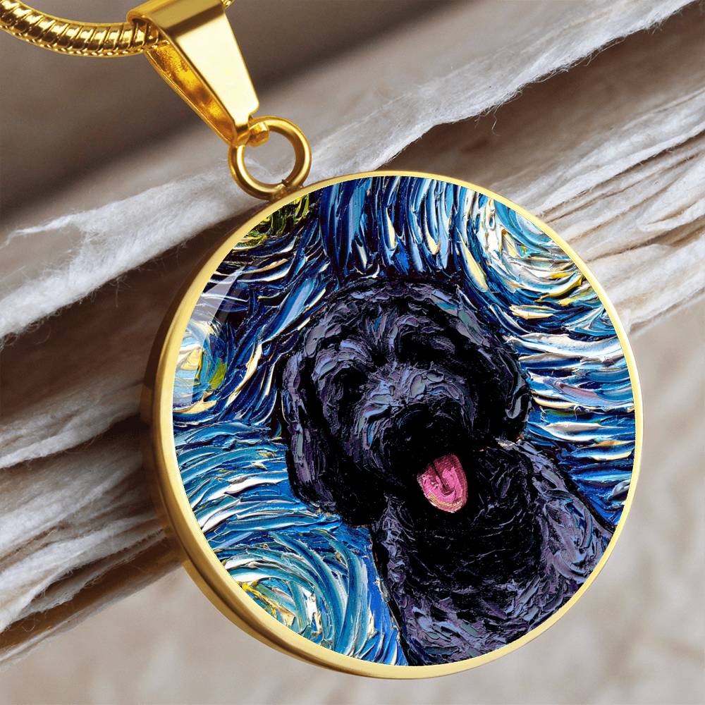Black Goldendoodle Portrait Starry Night Round Necklace