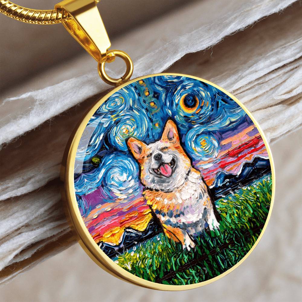 Smiling Corgi Starry Night Round Necklace