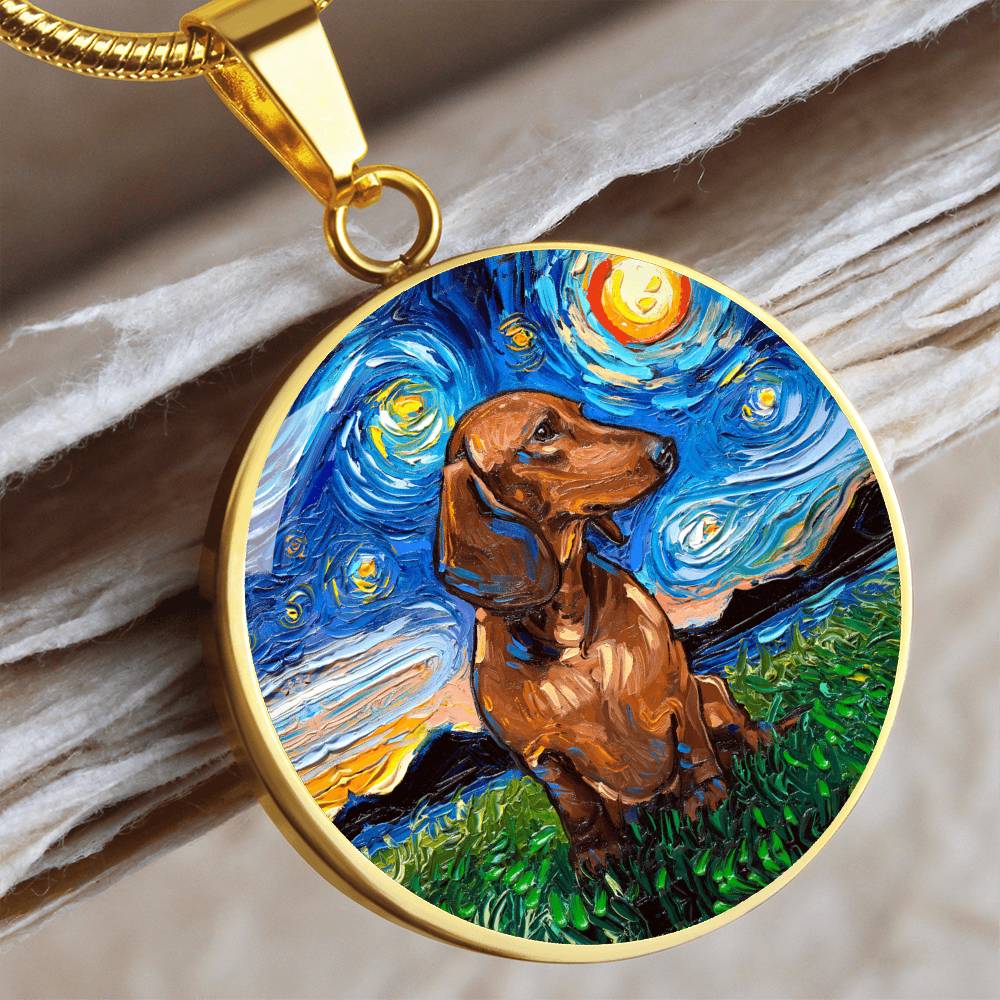 Brown Dachshund Starry Night Round Necklace
