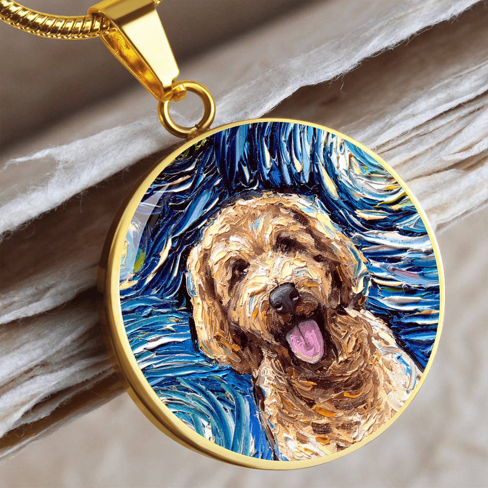 Goldendoodle Portrait Starry Night Round Necklace